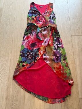 BNWOT Mario Serrani Watercolor Floral Wrap Dress High-Low Hem Belted Size 10